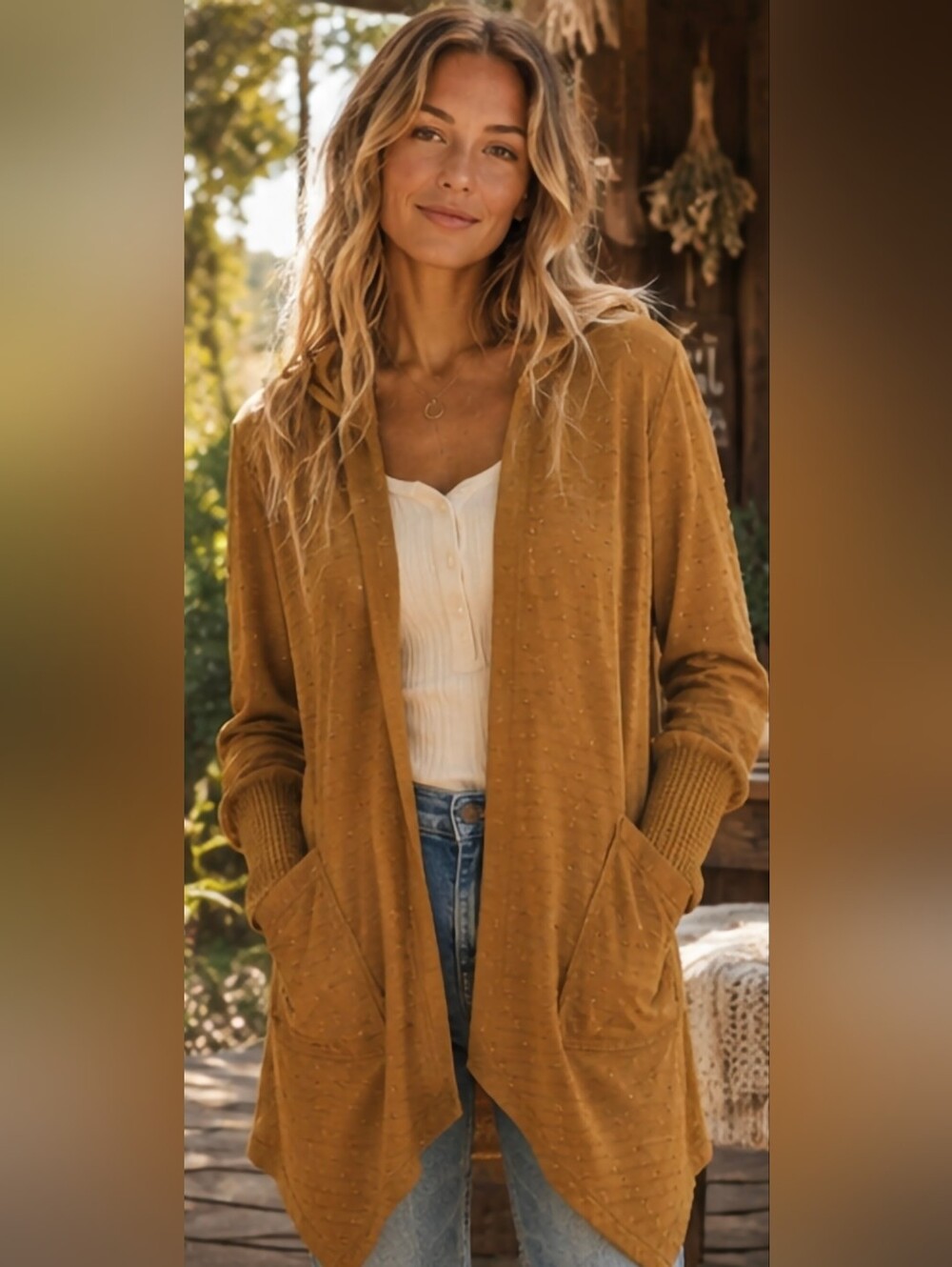 Mustard Hooded Open-Front Women's Sweater Cardigan